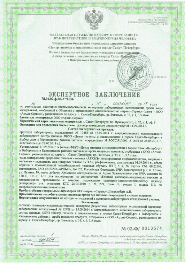Экспертное заключение по воде Архыз
